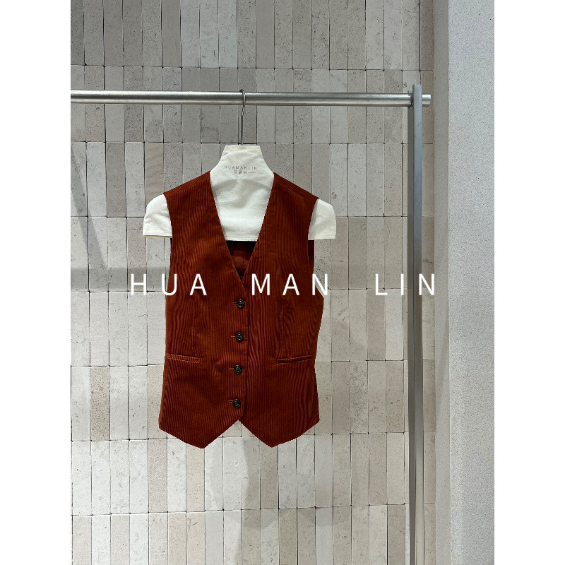 花滿林V领后腰带灯芯绒匹马棉马夹66125