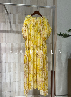 花滿林圆领后扣花朵真丝桑蚕丝短袖连衣裙268988 【有腰带】