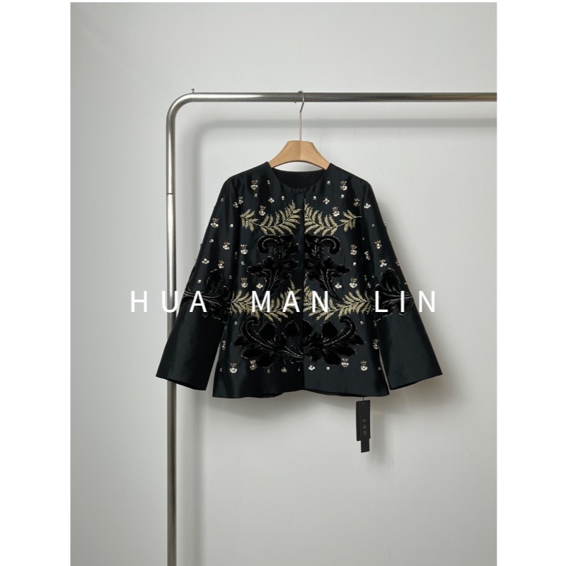 【花滿林】‘璀璨明珠’高定款30姆米桑蚕丝丝毛钉珠刺绣外套5927