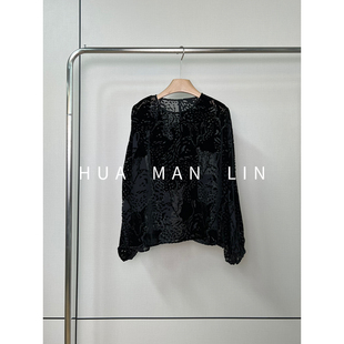 圆领斜侧拉链烧花桑蚕丝丝绒黑色上衣253018 花满林