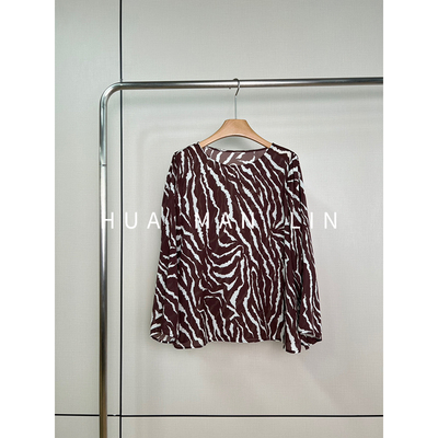 【花滿林】‘咖啡豹纹’圆领撞色波浪纹建宏绉桑蚕丝上衣259010