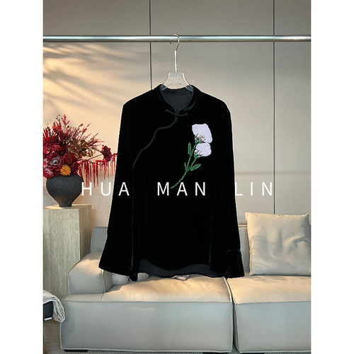 花滿林小立领斜门襟玫瑰花法绣钉珠真丝桑蚕丝丝绒上衣23128