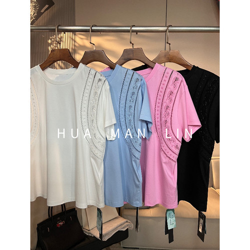 花滿林四色圆领钉珠镂空刺绣短袖中式上衣268686