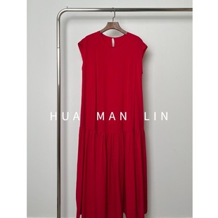 【花滿林】圆领盖袖捏褶建宏绉真丝桑蚕丝气质正红色连衣裙3922-1
