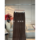 268945 全松紧腰咖条纹桑蚕丝休闲裤 彩蛋 花滿林