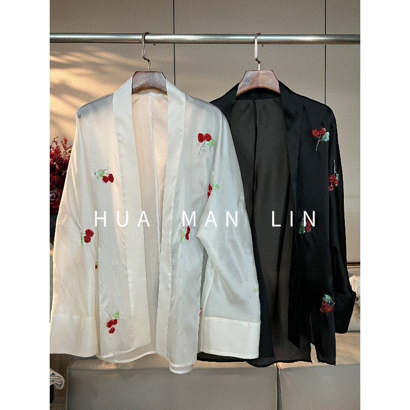 花滿林两色无扣撞色钉珠刺绣欧根缎真丝桑蚕丝外披23148
