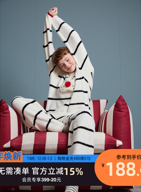 yso【酷猫系列】睡衣女冬季套装雪尼尔半边绒睡衣条纹卡通家居服D