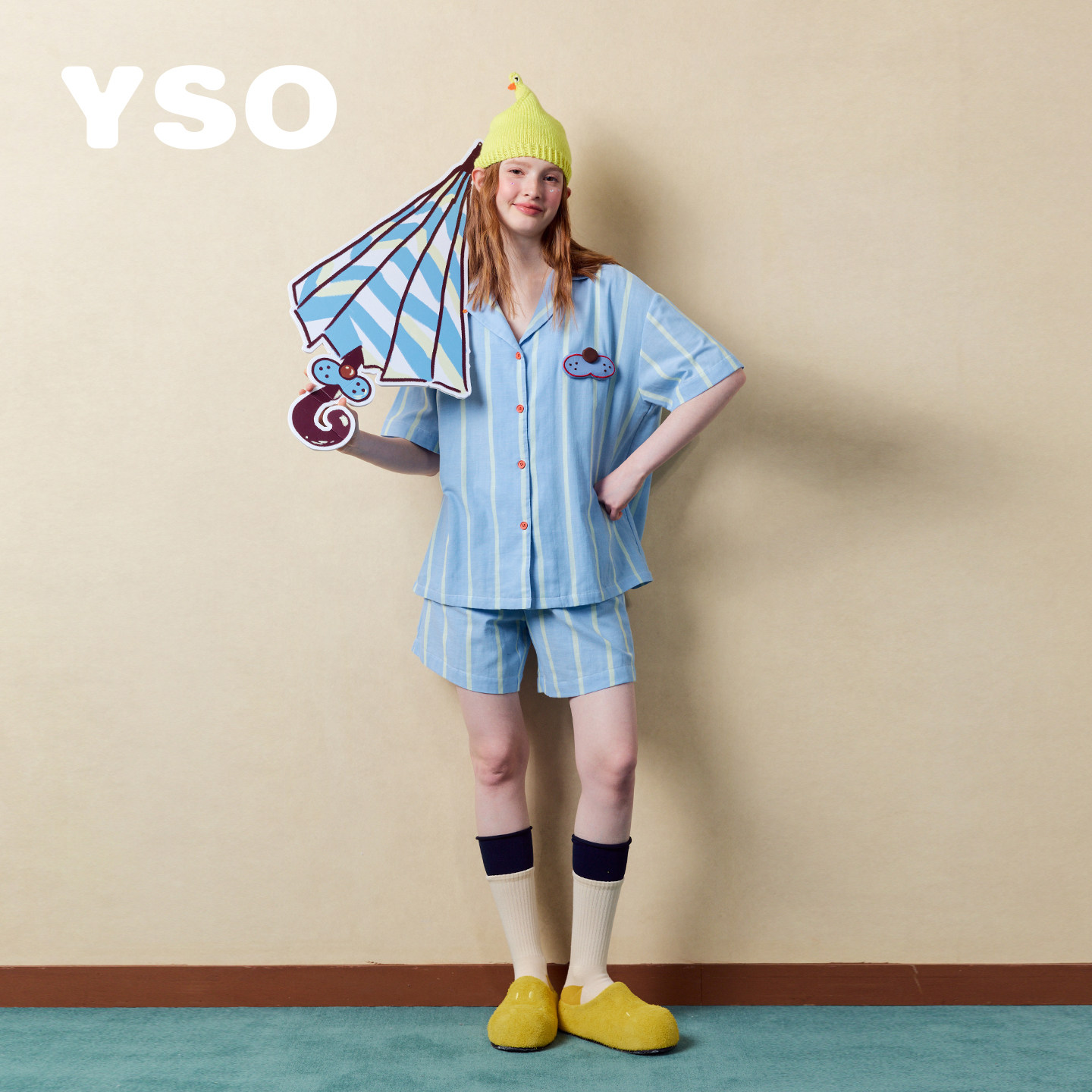 yso【酷猫系列】睡衣女夏季条纹全棉双层纱短袖短裤家居服套装B
