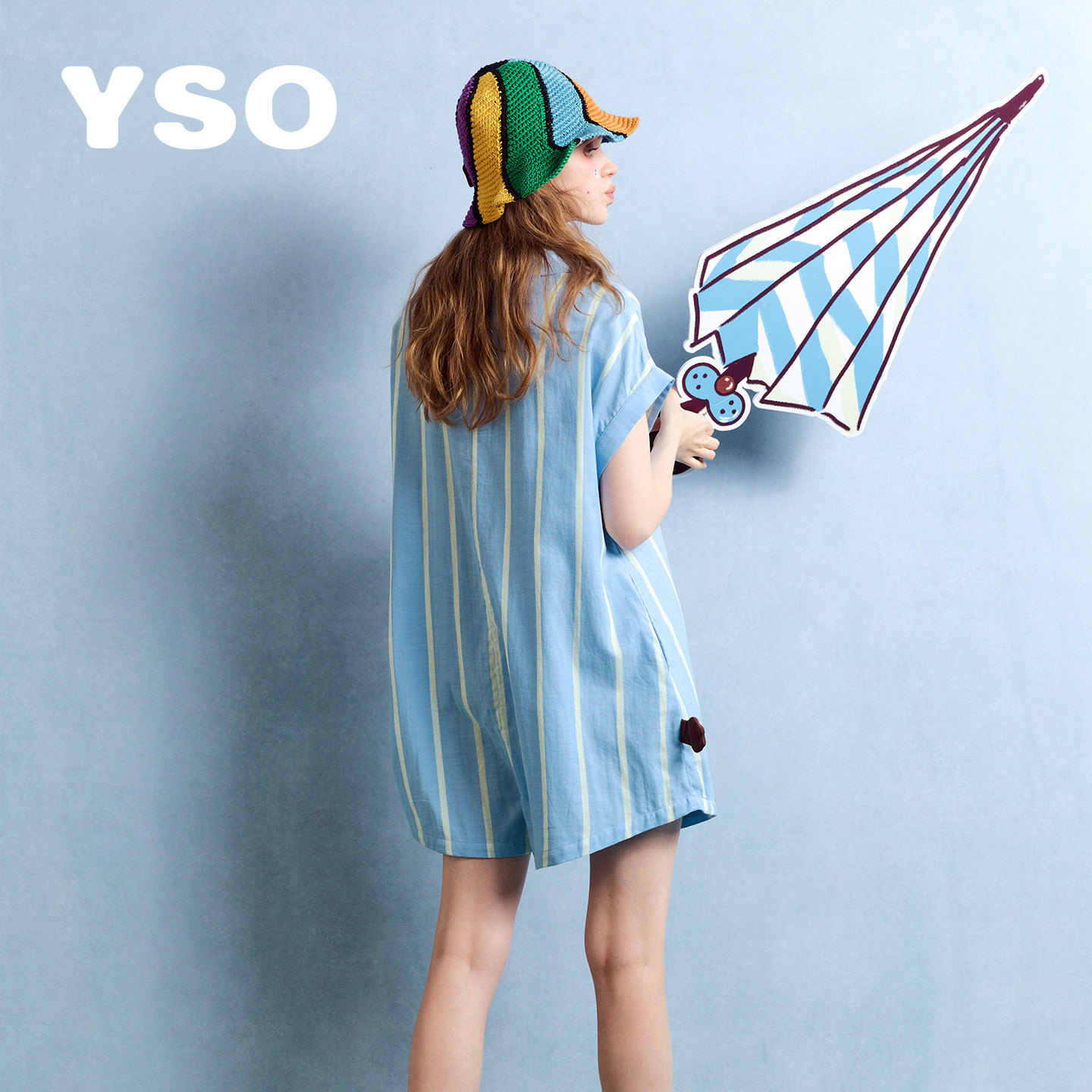 yso【酷猫系列】睡衣女连体夏季条纹全棉双层纱衬衫裙家居服套装B