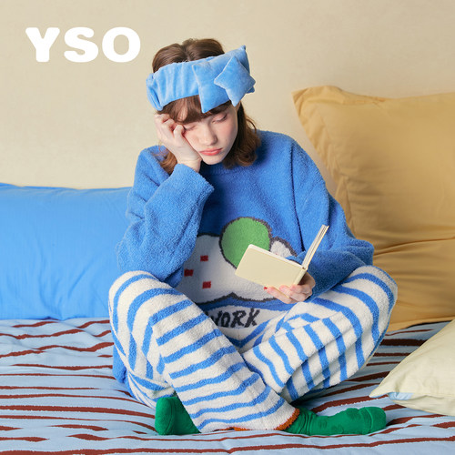 yso【酷猫系列】睡衣女26冬半边绒两件套童趣风可外穿家居服套装D