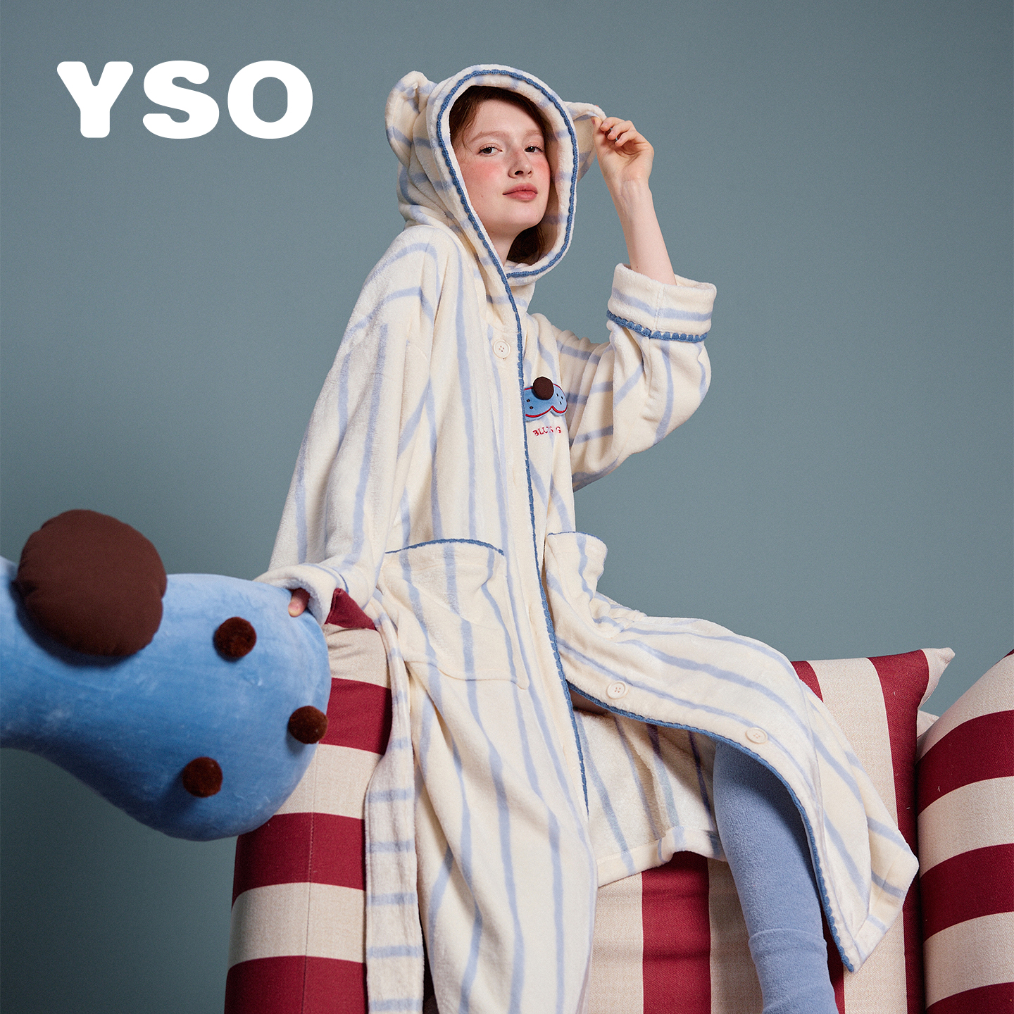 yso【酷猫系列】睡衣女冬法兰绒连帽睡袍珊瑚绒加厚卡通家居保暖D