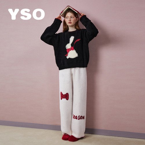 yso【礼物系列】睡衣女冬季半边绒蝴蝶结兔兔甜美风家居服套装D