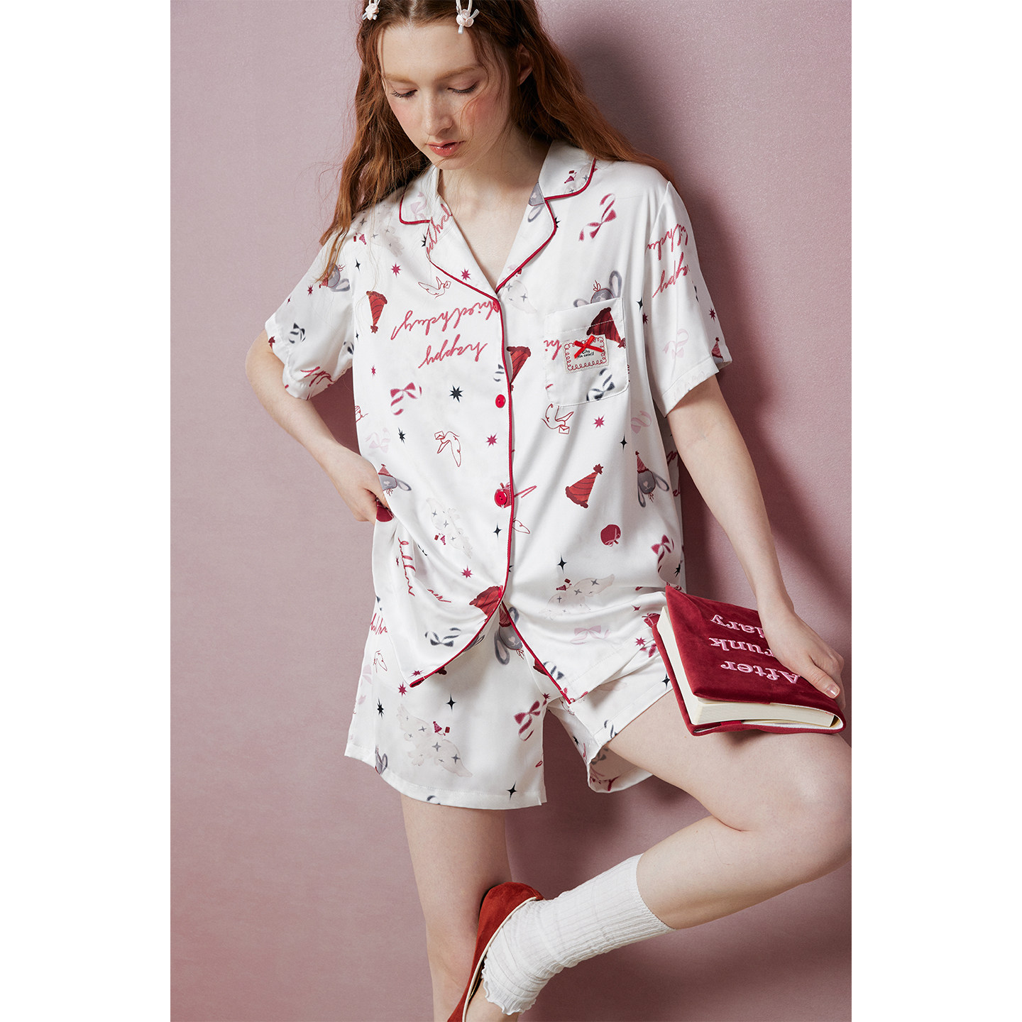 yso【礼物系列】睡衣女夏天丝缎面短袖短裤舒适两件套家居服套装B