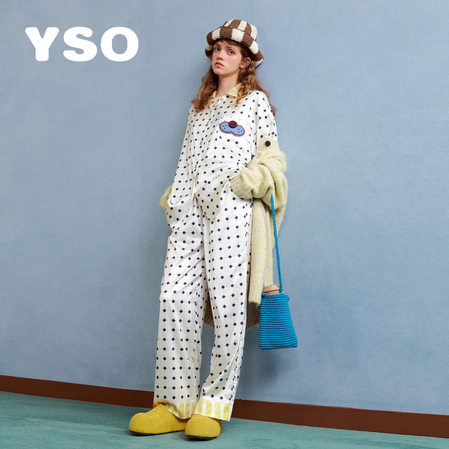 yso【酷猫系列】睡衣女春夏新款卡通冰丝翻领开衫女士家居服A图片