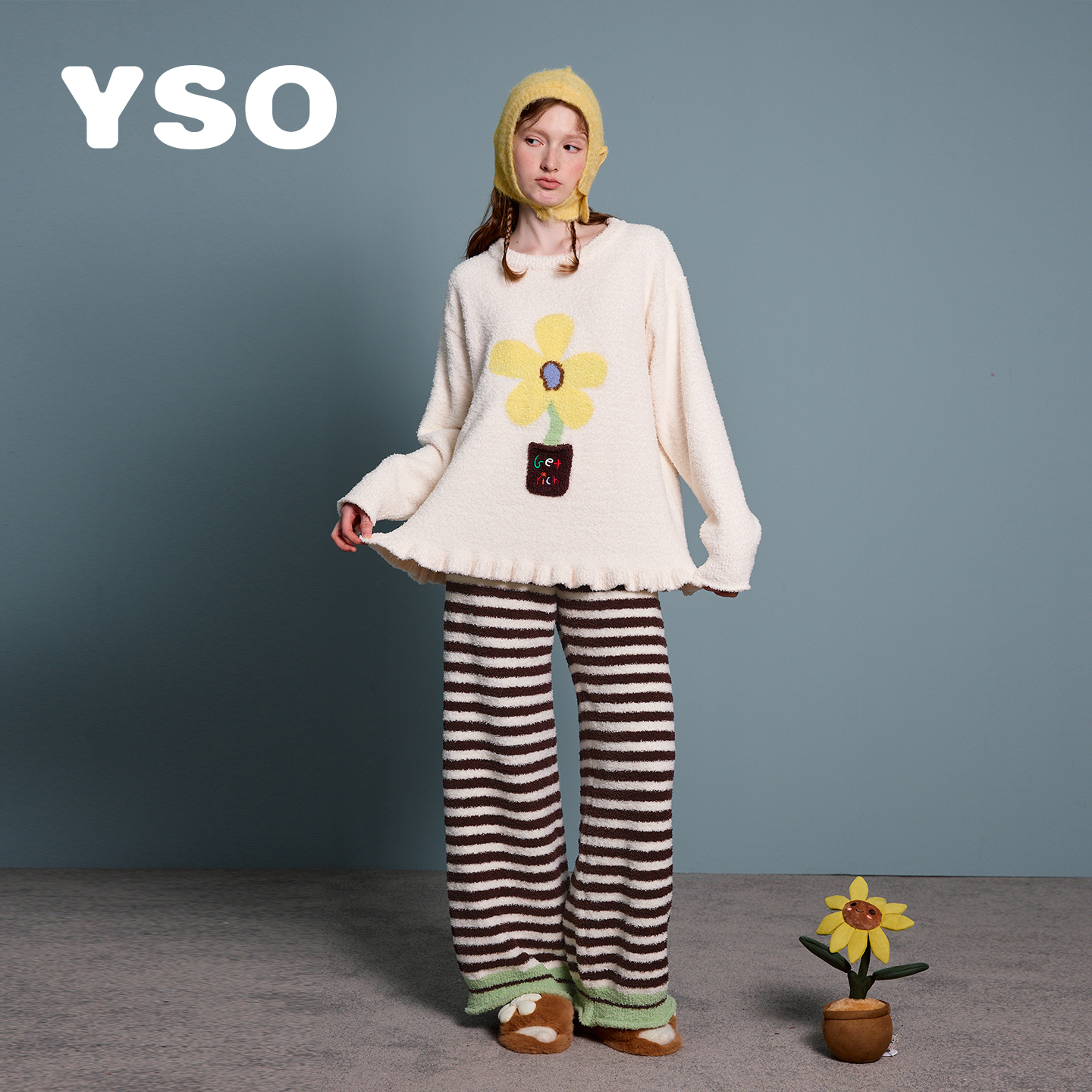 yso【花花梦园】睡衣女秋冬新款加绒有钱花半边绒保暖家居服套装D