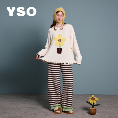 yso【花花梦园】睡衣女秋冬新款加绒有钱花半边绒保暖家居服套装D