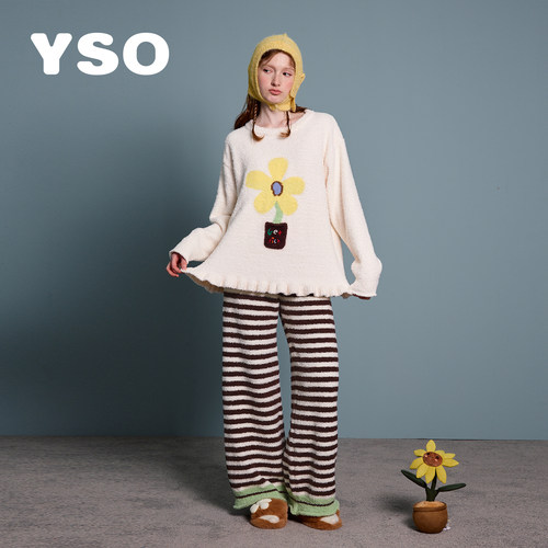 yso【花花梦园】睡衣女秋冬新款有钱花半边绒保暖家居服套装D