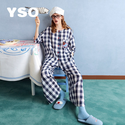 yso【酷猫系列】睡衣女春夏款复古格纹双层纱宽松文艺家居服套装A
