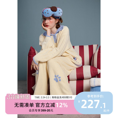 yso【酷猫系列】情侣睡衣女秋冬季新款半边绒翻领保暖家居服套装D