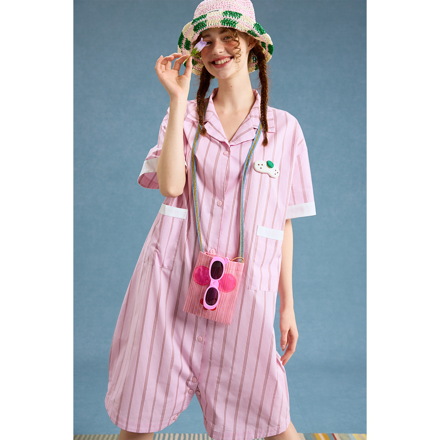 yso【酷猫系列】连体睡衣女夏睡裙可爱条纹家居服可外穿家居套装B