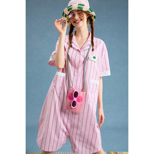 yso【酷猫系列】连体睡衣女夏睡裙可爱条纹家居服可外穿家居套装B