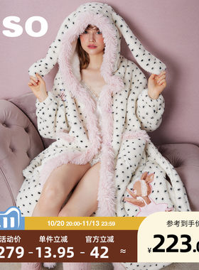 yso【礼物系列】睡衣女冬季加绒加厚睡袍波点兔耳可外穿家居服D