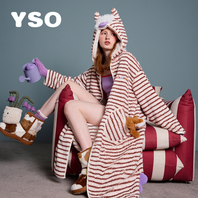 yso【小马系列】睡衣女秋冬加厚加绒条纹卡通连帽家居服保暖睡袍D