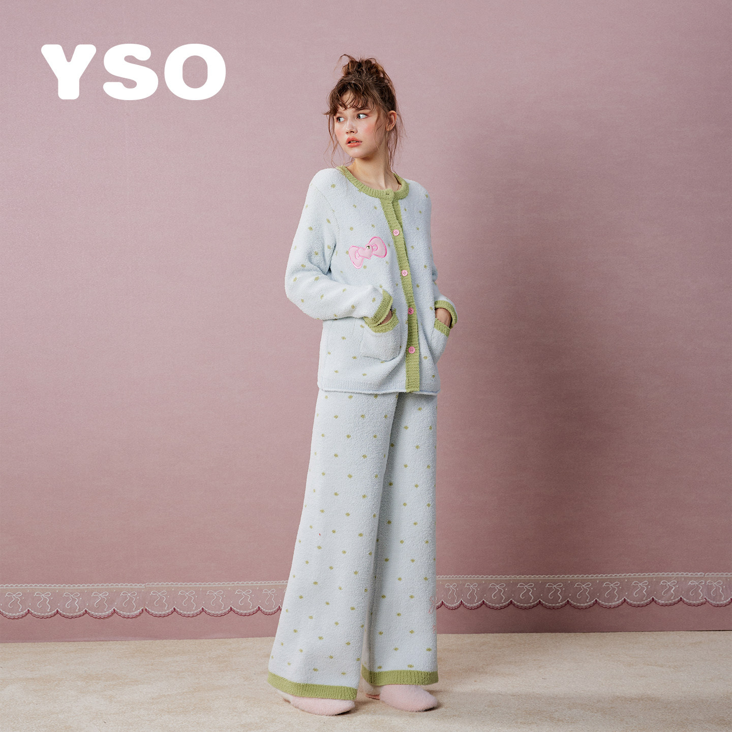 yso【礼物系列】睡衣女冬季半边绒抹胸三件套甜美风家居服套装D