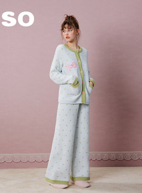 yso【礼物系列】睡衣女冬季半边绒抹胸三件套甜美风家居服套装D