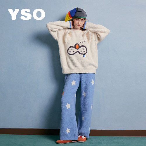 yso【酷猫系列】睡衣女26冬半边绒两件套童趣风可外穿家居服套装D