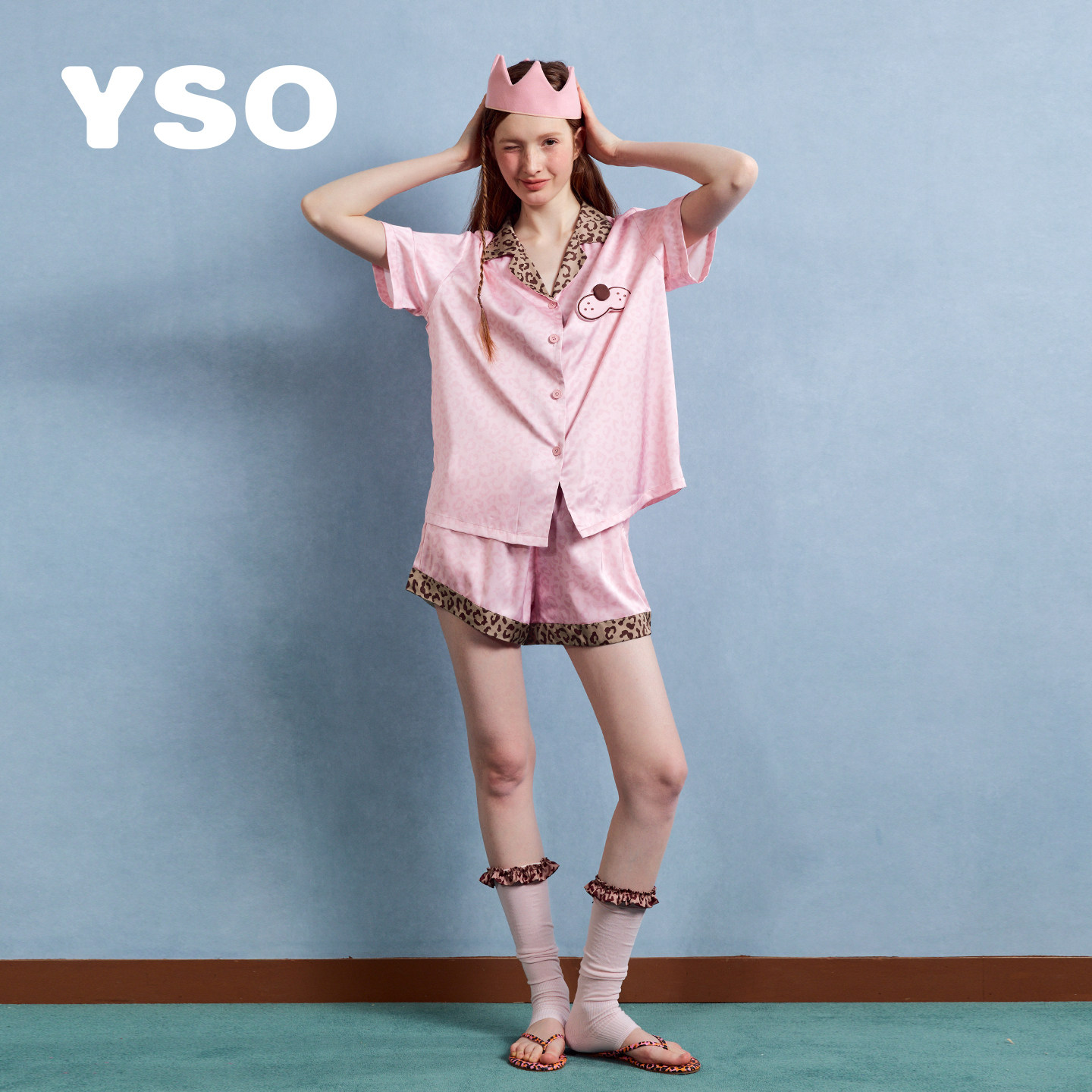 yso【酷猫系列】睡衣女夏新款粉色豹纹甜美可爱冰丝家居服套装B