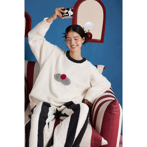 yso【酷猫系列】睡衣女冬季松弛感半边绒睡衣套装条纹卡通家居服D