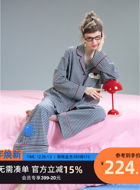 yso【酷猫系列】睡衣女春秋格纹衬衫长袖长裤休闲简约家居服套装C