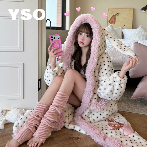 yso【礼物系列】睡衣女冬季加绒加厚睡袍波点兔耳可外穿家居服D