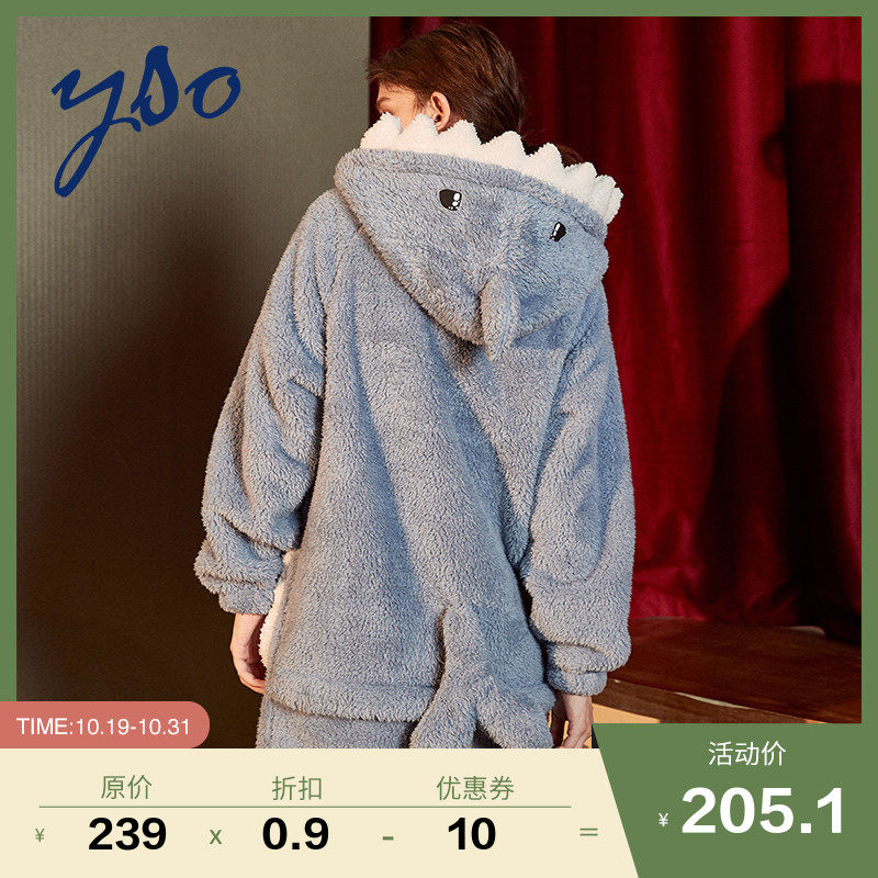 yso珊瑚绒睡衣女秋冬连体家居服套装宽松可爱卡通休闲女士睡衣
