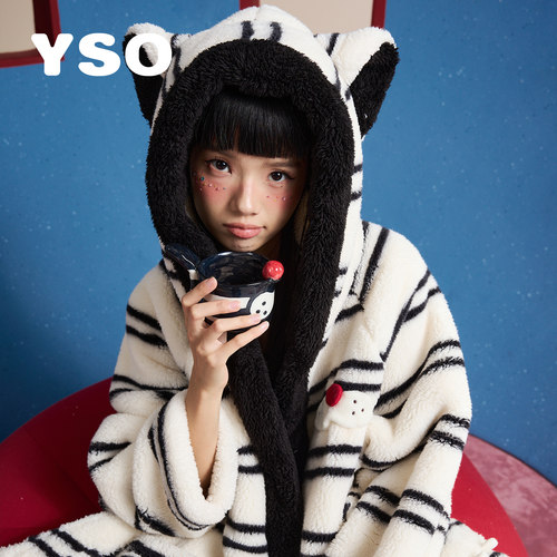 yso【酷猫系列】睡袍女秋冬季加厚珊瑚绒松弛感宽松长款女士睡衣D