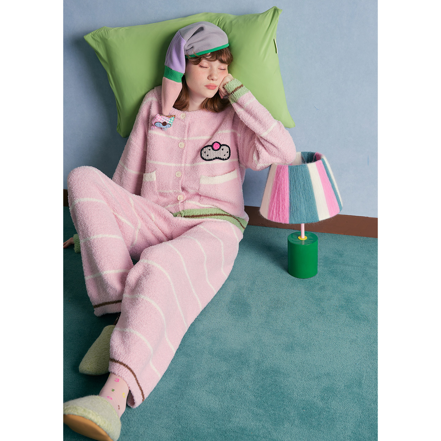 yso【酷猫系列】睡衣女秋冬半边绒加厚保暖卡通小香风家居服套装D