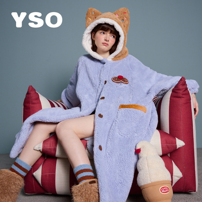 yso【酷猫系列】睡衣女秋冬新款毛绒长款连帽加厚保暖开衫睡袍D