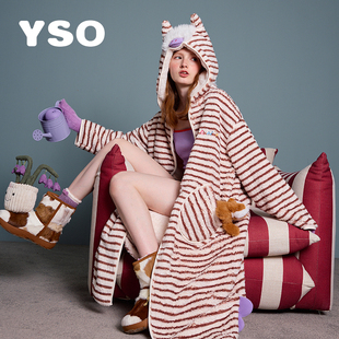 yso 睡衣女秋冬加厚加绒条纹卡通连帽家居服保暖睡袍D 小马系列