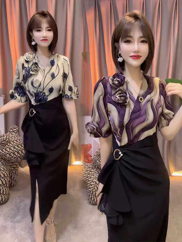 女神韵味感气质连衣裙2024年秋季新款V领印花短袖重工修身显瘦裙