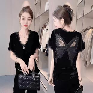 丝绒短袖美背蕾丝边T恤衫女春秋V领黑色金丝绒镂空上衣百搭打底衫