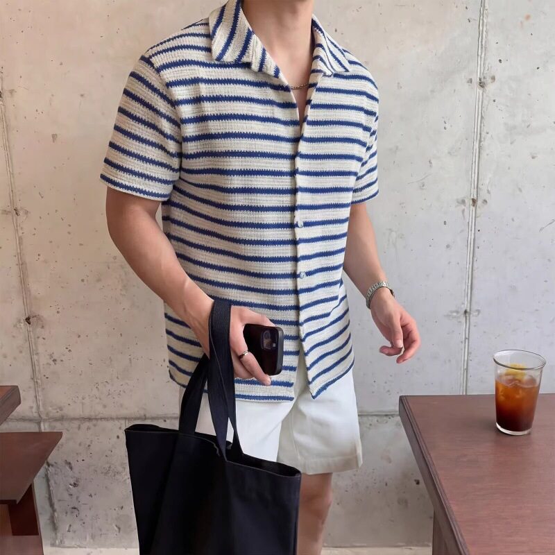 【下单立减一百】老钱风条纹短袖针织衫男 夏季透气翻领韩系简约