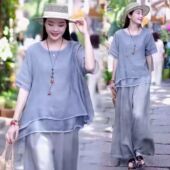 冰丝两件套ins 时尚 民族风休闲T恤短袖 棉麻套装 阔腿裤 女夏2025新款