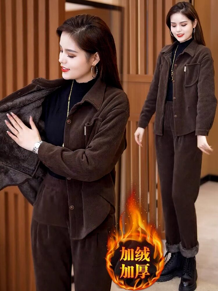 时尚灯芯绒套装女2023秋冬季新款洋气宽松显瘦加绒加厚休闲两件套