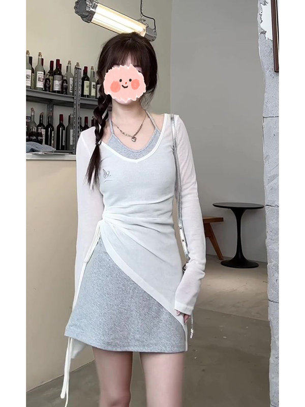 灰色挂脖吊带连衣裙子女夏季春装2025新款小个子a字包臀短裙套装