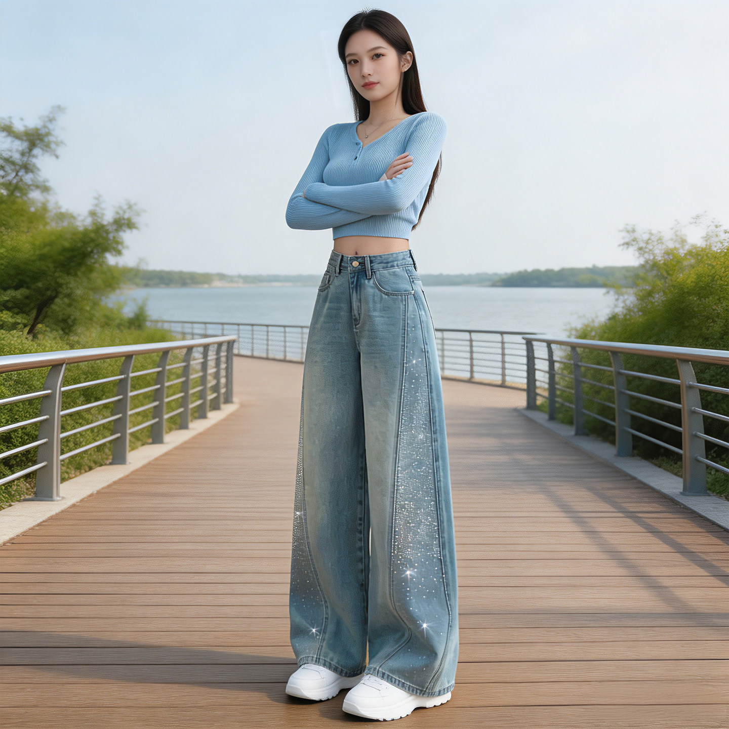 2026新款烫钻小个子宽松牛仔裤女图片