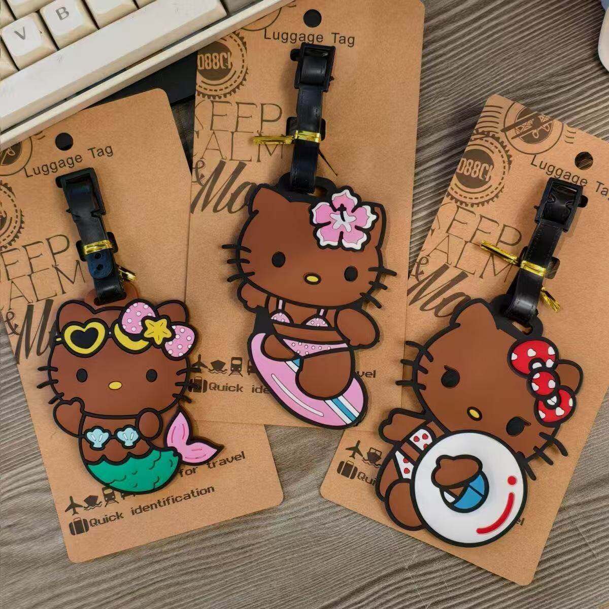ins卡通黑皮HelloKitty行李牌登机牌旅行箱防丢挂件行李箱标识牌