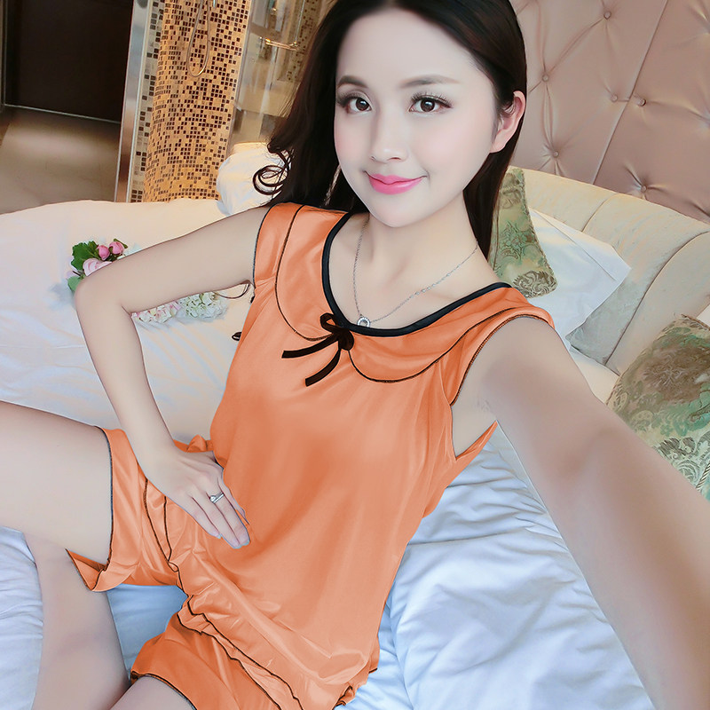 睡衣女夏冰丝背心女士学生套装女纯色性感丝绸韩版加大码家居服
