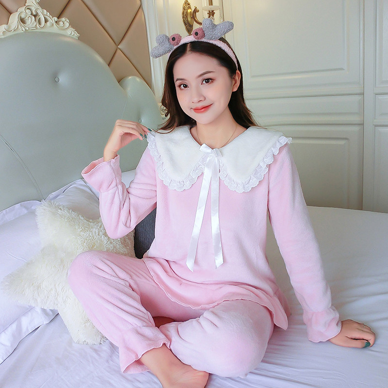 s码小个子珊瑚绒睡衣女冬季加厚加绒韩版粉色可外穿ins套装家居服