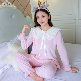 s码小个子珊瑚绒睡衣女冬季加厚加绒韩版粉色可外穿ins套装家居服